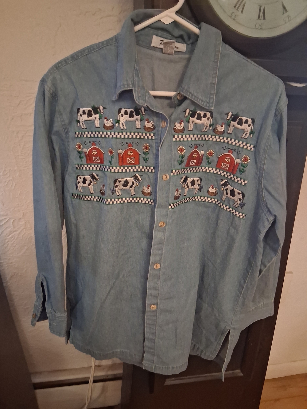 Embroidered Denim Button-Down Shirt - Light Blue
